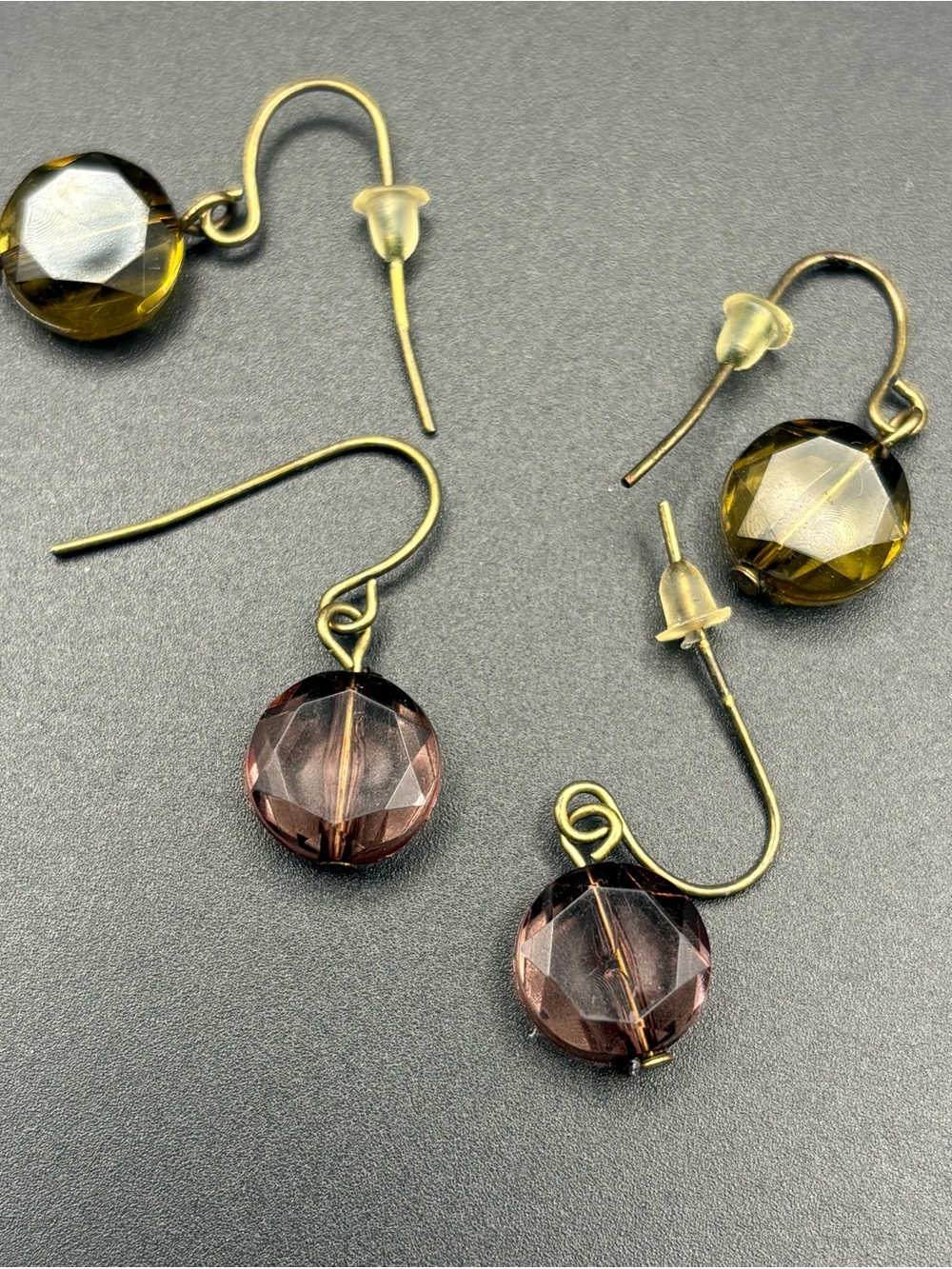 Faceted Glass Drop Earrings in Olive and Smoky Mauve with Gold Hooks